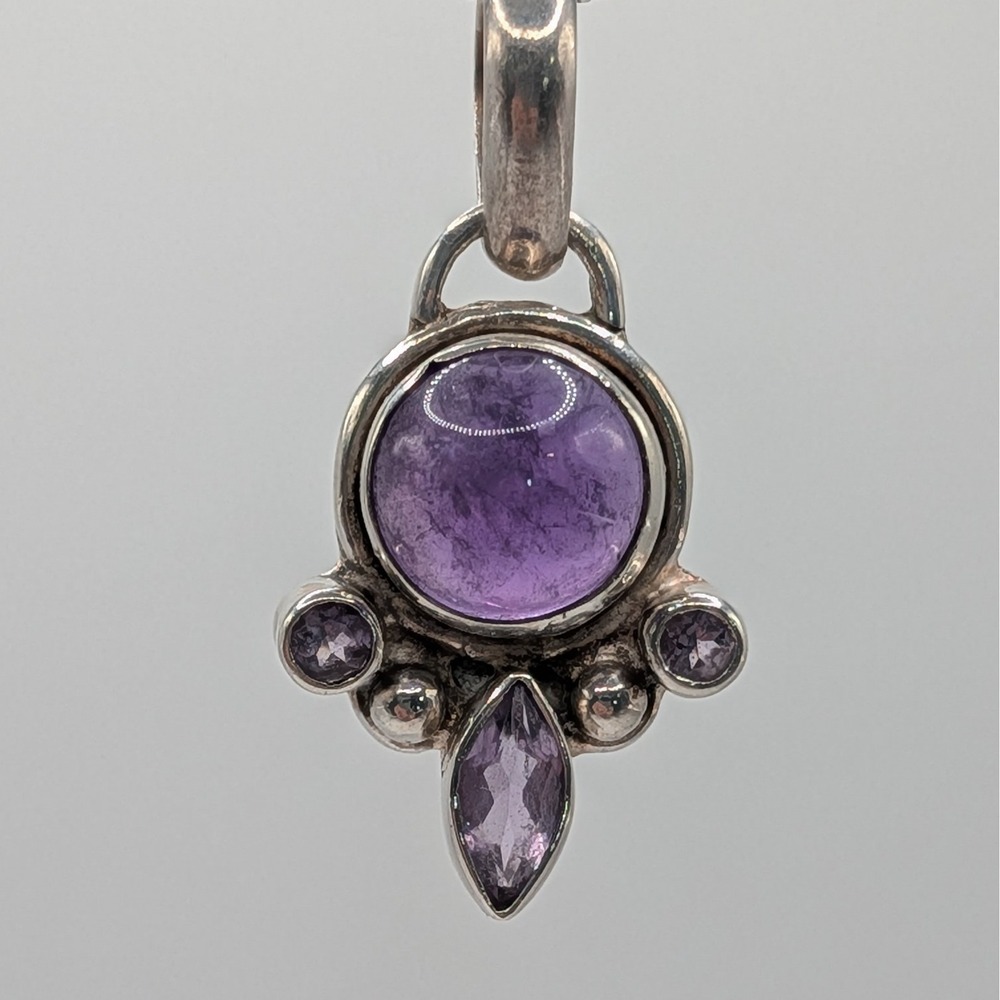 925 Sterling Silver Amethyst Pendant Women Purple Cabochon Marquise Boho